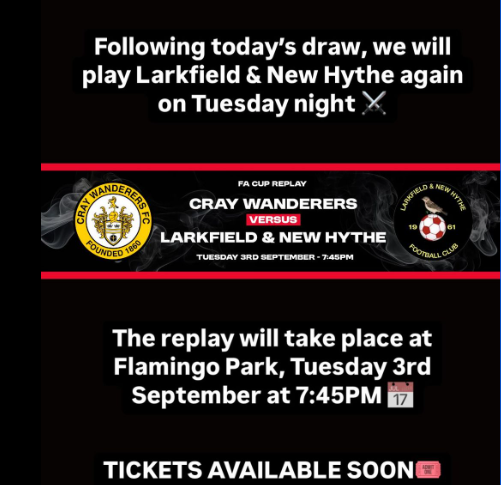 Cray Wanderers vs Larkfield & New Hythe – FA Cup 1st QR Replay – Tuesday 3rd September, 7.45 pm