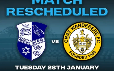 Wingate & Finchley vs Cray Wanderers – Rescheduled date – Tuesday 28th January, 7.45 pm